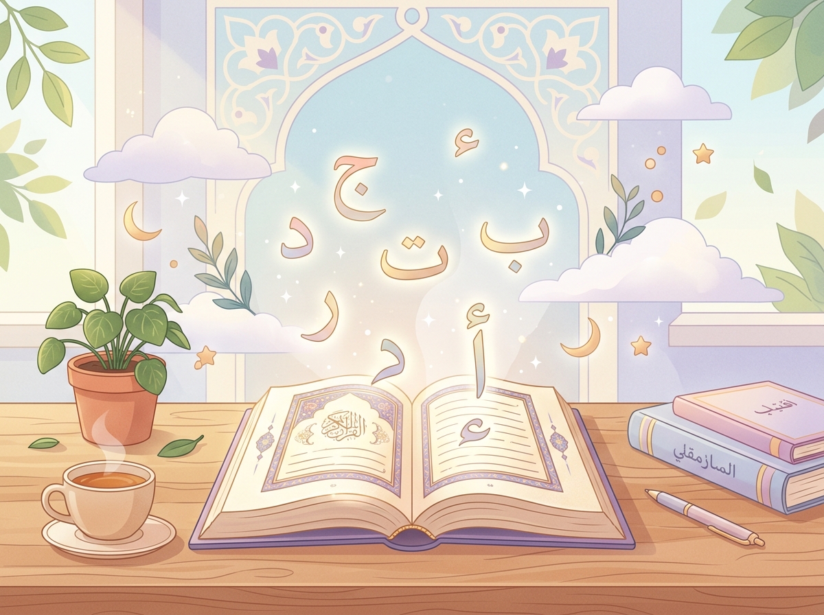 Illustration chaleureuse et lumineuse d'apprentissage de l'arabe, livre ouvert et lettres arabes dorées flottantes