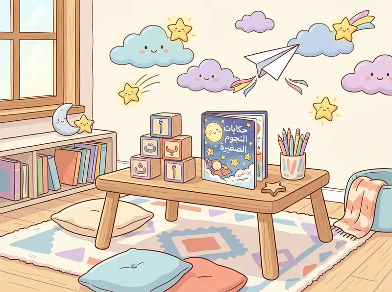 Espace d'apprentissage coloré et joyeux pour enfants avec cubes alphabet arabe, étoiles souriantes et livres d'histoires